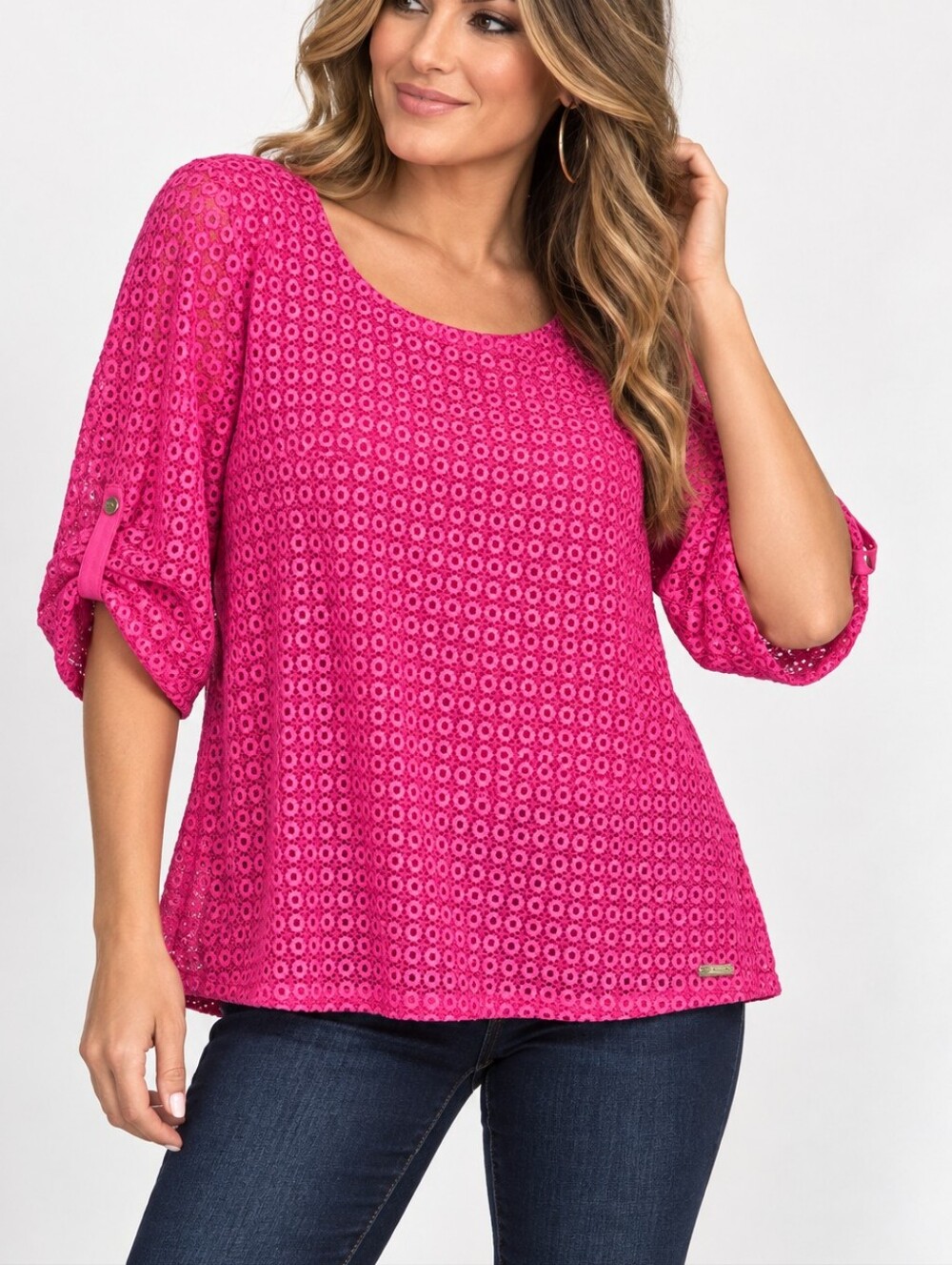 KARL LAGERFELD Eyelet Lace Roll-Sleeve Top in Fuchsia Pink. Fully Lined. Paris.